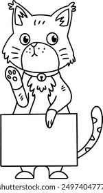 A cat is holding a blank piece of paper. The cat is smiling and looking at the camera. Concept of playfulness and curiosity