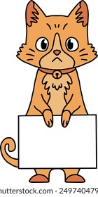 A cat is holding a blank piece of paper. The cat is smiling and looking at the camera. Concept of playfulness and curiosity
