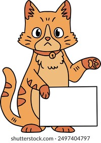 A cat is holding a blank piece of paper. The cat is smiling and looking at the camera. Concept of playfulness and curiosity