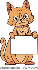 A cat is holding a blank piece of paper. The cat is smiling and looking at the camera. Concept of playfulness and curiosity