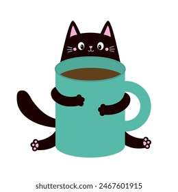 Cat holding blue coffee tea cup. Good morning. Happy Valentines Day. Black kitten. Paws hand. Cute cartoon funny baby animal pet character. Love greeting card. Flat design. White background. Vector