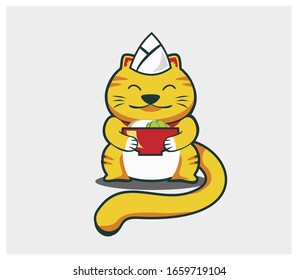 Cat Holding a Bowl Cartoon Character. Vector Illustration  