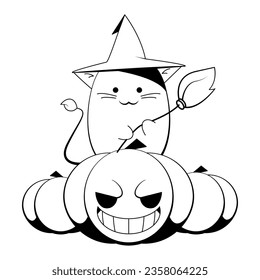 cat holding a broom sitting on pumpkins in halloween