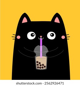 Cat holding bubble milk tea glass with straw. Cute cartoon kawaii character. Black kitty drinking. Cinema theater. Kitten watching movie. Film show. Flat design Childish style Yellow background Vector