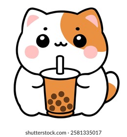 Cat holding bubble milk tea coffee glass with straw. Cute cartoon kawaii character. Flat design. Childish style. White background.