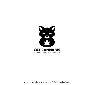 Cat Holding Cannabis Leaf Logo Vector