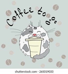 Cat holding a cup of coffee on background with coffee beans