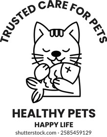 A cat is holding a fish in its mouth in the style of sign illustrations