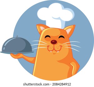 Cat Holding Food Platter Mascot Vector Cartoon. Domestic pet animal serving a meal in a fancy way
