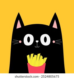 Cat holding french fries potatoes. Black kitten watching movie. Cinema theater. Cute cartoon funny character. Film show. Kids sticker print. Childish style. Flat design. Yellow background. Vector