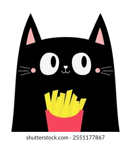 Gato sosteniendo papas fritas francesas. Gatito negro viendo una película. Espectáculo de cine. Cine y teatro. Personaje divertido de dibujos animados lindo. Impresión de la etiqueta engomada de los niños. Estilo infantil. Diseño plano. El fondo blanco. Vector