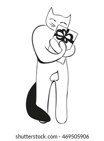 Cat holding gift box. Vector Illustration. Black and white contour image