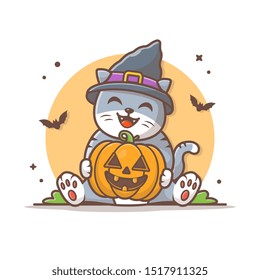 Cat Holding Halloween Pumpkin Vector Icon Illustration. Cat And Pumpkin, Bat, Happy Halloween Icon Concept White Isolated. Flat Cartoon Style Suitable for Web Landing Page, Banner, Sticker, Background