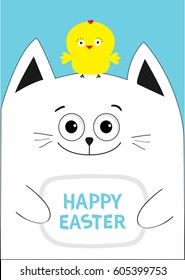 Cat holding Happy Easter text Chicken bird on the head. Greeting card. Baby chick bird friends. Cute cartoon funny character. Blue background. Flat design. Vector illustration