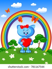 cat holding a heart greeting card day of St. Valentine woman love nature rainbow grass trees blue sky clouds cartoon style joy tenderness cute