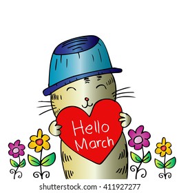 Cat holding heart with lettering "Hello March"