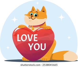 cat holding a heart that says I love you. Love for pets. Stock vector illustration