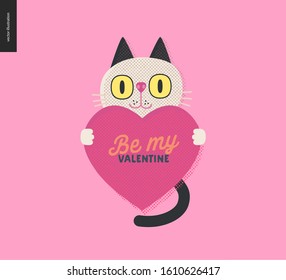 Cat holding a heart - Valentines day graphics. Modern flat vector concept illustration - a cute black and white cat holding a heart, a character in love concept. Be my Valentine caption