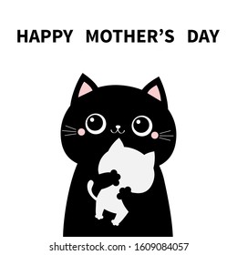 Cat holding hugging little baby kitten. Happy Mothers day. Kittens on hands. Kitty hug. Funny Kawaii animal family. Cute cartoon pet character set. Flat design White background. Isolated. Vector