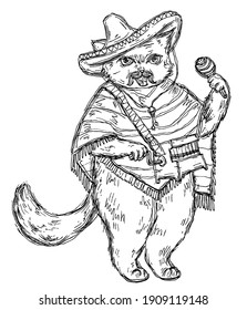 Cat holding a maraca and dressed in the poncho, sombrero. Vintage black vector engraving illustration. Isolated on white background. Hand drawn design element for poster