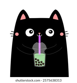 Cat holding matcha bubble milk tea glass with straw. Cute cartoon kawaii character. Kitty drinking. Cinema theater. Kitten watching movie. Film show. Flat design Childish style White background Vector