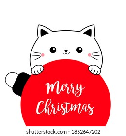 Cat holding Merry Christmas ball. Big red round circle toy. Kawaii doodle contour line animal. Cute cartoon funny character. Funny face. Xmas card. Pet collection. Flat design. White background Vector