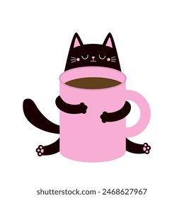 Cat holding pink coffee tea cup. Happy Valentines Day. Black kitten. Good morning. Paws hand. Cute cartoon funny baby animal pet character. Love greeting card. Flat design. White background. Vector