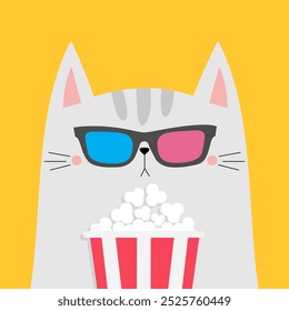 Cat holding popcorn box. Kitten watching movie. Pop corn. Cute cartoon funny character. White kitty. Cinema theater. 3d glasses. Film show. Childish style. Yellow background. Flat design. Vector