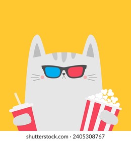 Cat holding popcorn, soda glass. Kitten watching movie. Cute cartoon funny character. White kitty. Cinema theater. 3d glasses. Film show. Yellow background. Flat design. Vector illustration