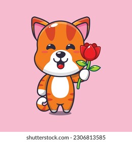 cat holding rose flower cartoon vector illustration.
Vector cartoon Illustration suitable for poster, brochure, web, mascot, sticker, logo and icon.