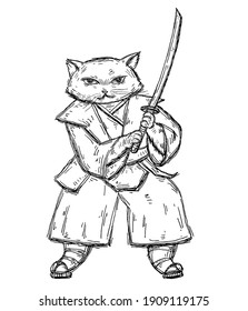 Cat holding samurai sword and dressed in the japan kimono and sandals. Vintage vector black engraving illustration. Isolated on white background. Hand drawn design element for poster, t-shirt