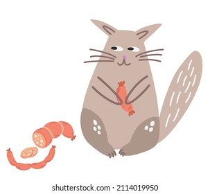 Cat is holding a sausage. Cute cartoon cat want smoked sausage salami. Isolated animal cheerful pet hold food. Perfect for kids design, fabric, packaging, wallpaper, textiles, clothing. Vector