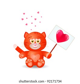Cat Holding Sing With Red Heart. Vector Illustration Isolated On White Background