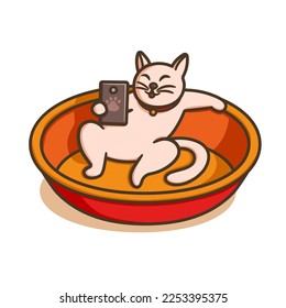 Un gato sostiene la ilustración del vector del smartphone. Caricatura con influencias de mascotas divertidas sonriendo con la cámara del teléfono, lindo concepto de vlogueo doméstico de animales. Bloguero Kitty en línea transmitiendo en vivo mientras estaba sentado en una cama redonda