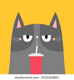 Cat holding soda glass straw. Cute cartoon kawaii funny character. Gray kitty drinking. Cinema theater. Film show. Kitten watching movie. Flat design. Childish style. Yellow background Isolated Vector