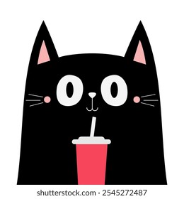 Cat holding soda glass straw. Cute cartoon kawaii funny character. Black kitty drinking. Cinema theater. Kitten watching movie. Film show. Flat design. Childish style Yellow background Isolated Vector