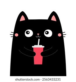 Cat holding soda glass straw. Black kitty drinking. Kitten watching movie. Cute cartoon kawaii funny character. Cinema theater. Film show. Childish style. Flat design. White background Isolated Vector