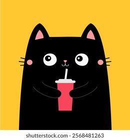 Cat holding soda glass straw. Cute cartoon kawaii funny character. Black kitty drinking. Kitten watching movie. Cinema theater. Film show. Childish style. Flat design Yellow background Isolated Vector