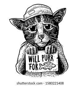 Cat holding table with lettering WILL PURR FOR and fish drawing. Vintage black engraving illustration for poster and t-shirt.