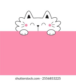 Cat holding table paper banner. Kawaii animal. Cute cartoon kitty character. Smiling head face. Hands paw. Contour silhouette. Funny baby kitten. Love card. Flat design. Pink background. Vector