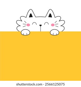 Cat holding table paper banner. Smiling head face. Hands paw. Kawaii animal. Cute cartoon kitty character. Contour silhouette. Funny baby kitten. Love card. Flat design. Yellow background. Vector