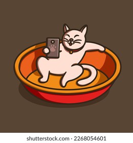 Cat holding touchscreen smartphone vector illustration. Cartoon fun pet influencer smiling at mobile phone camera, cute animal blogging concept. Kitty vlogger online live streaming.