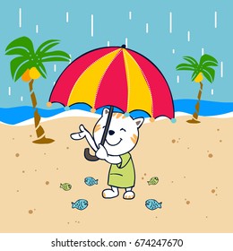 cat holding an umbrella in the beach. vector cartoon illustration