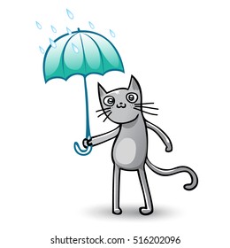 Cat holding umbrella in the rain. Vector illustration of a cute Kitty cat under open green umbrella.