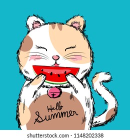 Cat holding watermelon vector illustration