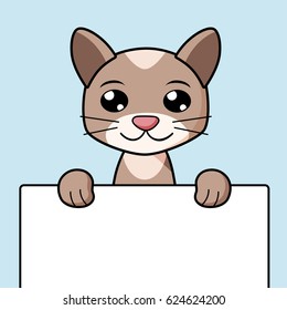 Cat holding a white blank board, card or banner. 