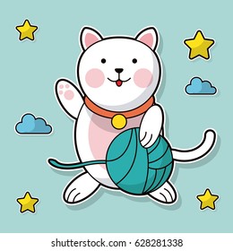 cat holding yarn ball cloud star background