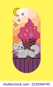 Cat holds colorful ice cream.  Kindergarten poster. Vector illustration. Kids art.   Packaging design.  Cover and sticker theme.