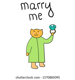 cat holds a diamond ring, smiles cute, makes a marriage proposal, isolated white background, illustration for the slogan marry me, square, vector, postcard, clothes, design