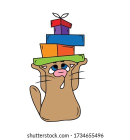 Cat holds gift boxes over his head .Vector children's design for greeting cards, banners.